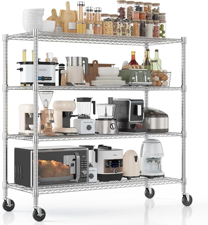 Xcity Storage Shelves, 4 Tier Heavy Duty Metal Shelving Unit with Wheels, 1600 LBS Adjustable Steel Wire Shelf for Commercial, Pantry, Kitchen, Garage, 18" D x 36" W x 60" H, Chrome