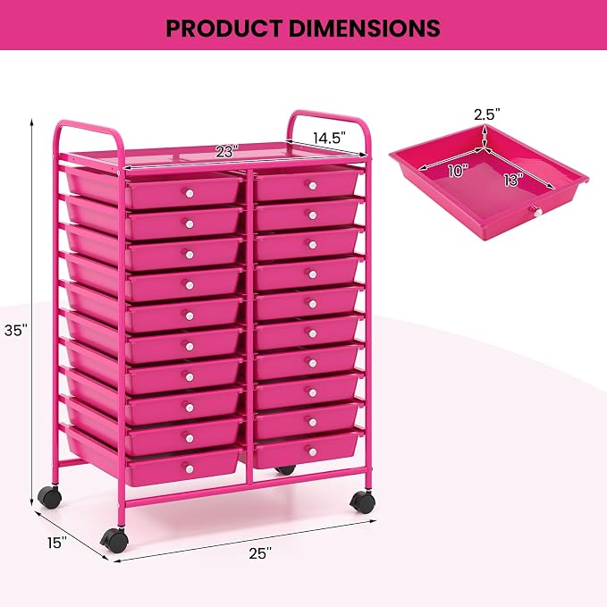 DREAMADE Rolling Cart with Storage Drawers, Utility Cart w/Removable Plastic Drawers, Lockable Wheels, Art Cart for Classroom Organization Art Supplies Office Scrapbook (20 Drawers, Hot Pink)