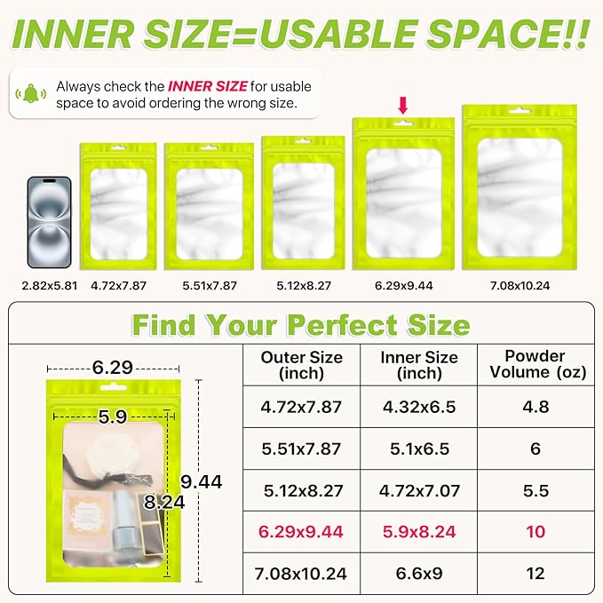 100 PCS Resealable Mylar Bags with Zipper and Frosted Clear Window Smell Proof Bag Packaging Bags Foil Pouch Zipper Bag for Food Self Sealing Storage Supplies (Green, 6.29x9.44)