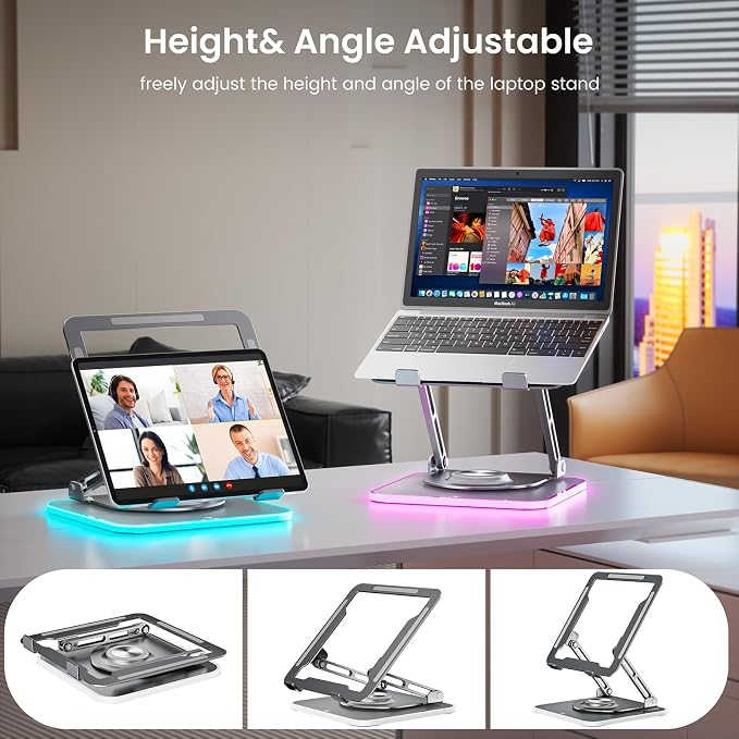 JOYEKY Adjustable Laptop Stand with RGB Lighting,Aluminum Ergonomic Computer Stand with 360° Rotating Base,Foldable & Portable Laptop Riser, Suitable for All 10-16” Laptops (Grey)