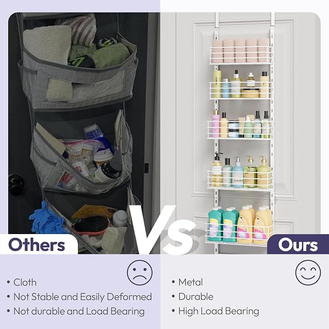 SWTYMIKI Over The Door Organizer - Door Organizer Hanging with 6 Adjustable Metal Large Capacity Basket, Wall Mounted Shelf for Bedroom Closet Bathroom Laundry Pantry Cabinet Kitchen(White)
