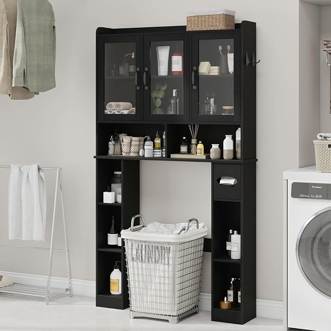 Vabches Over The Toilet Storage Cabinet with Glass Doors, Black | Farmhouse Bathroom Organizer with Adjustable Shelf, Home Space-Saving Toilet Rack,for Restroom,Bathroom, Laundry