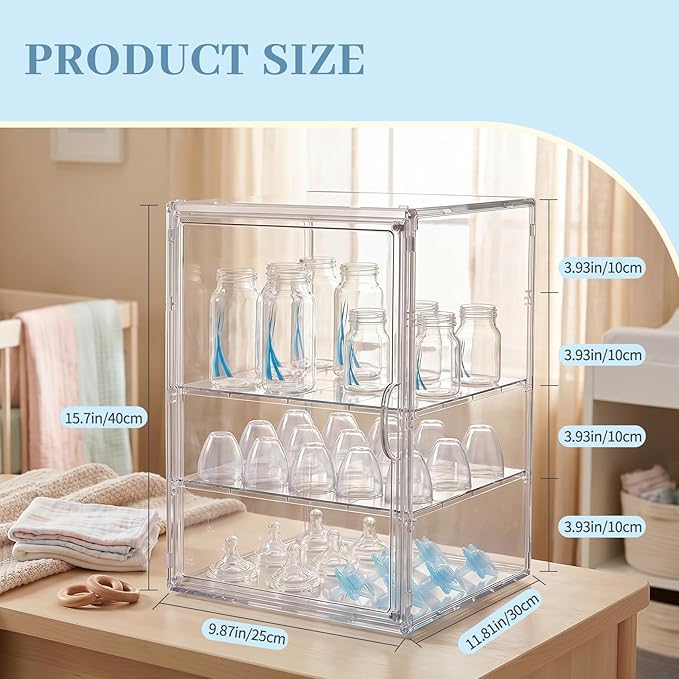 Baby Bottle Organizer, 3 Tier Bottle Storage Organizer Baby | Acrylic Bottles Storage Station with Magnetic Door and Hook for Pacifiers Pump Parts, Makeup & Bathroom Organizer