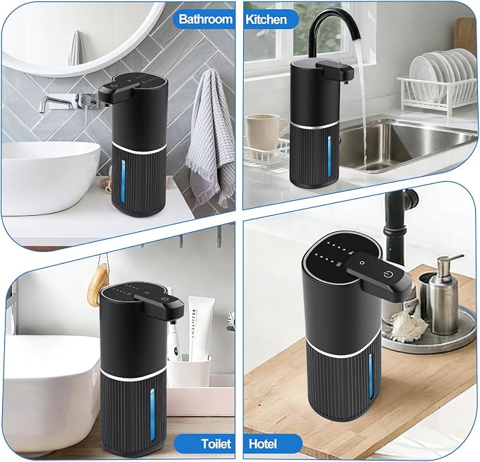 Automatic Soap Dispenser, Foaming Soap Dispenser Touchless with Continuous Dispensing, 4-Level Adjustable, Rechargeable Hand Soap Dispensers, Wall Mounted or Countertop for Bathroom & Kitchen