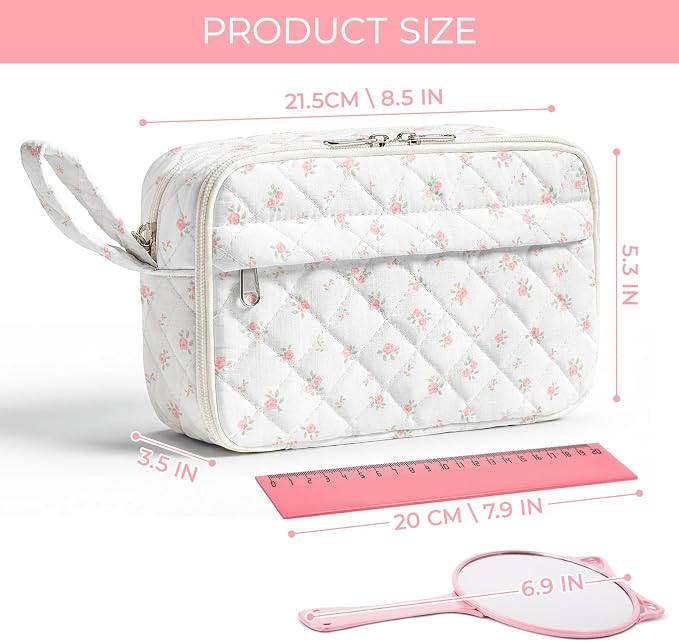WOBAGMEN Quilted Pencil Pouch for Women, Large Capacity Pencil Case with Compartments, Cute Aesthetic Pencil Organizer, Floral Stationery Pouch（Pink mini Floral）