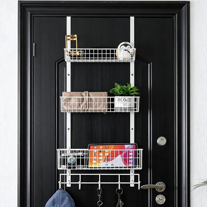 OYEAL 3-Tier Over the Door Hooks Organizer Metal Door Back Baskets | Heavy Duty Hanging Door Storage Organizer with 3 Baskets, 5 Hooks for Kitchen, Bathroom, Office, White