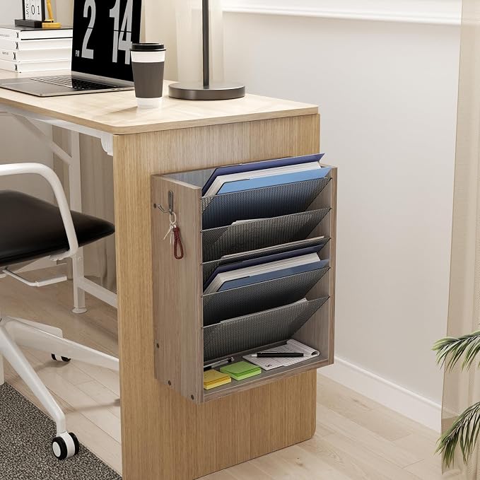 Creso hom Mail Organizer Wall Mounted, Mail Sorter with 2 Key Hooks, 6-Slot File Organizer for Wall or Desk, Wood Letter Holder Envelopes Bills Accessories for Home Office, Greige