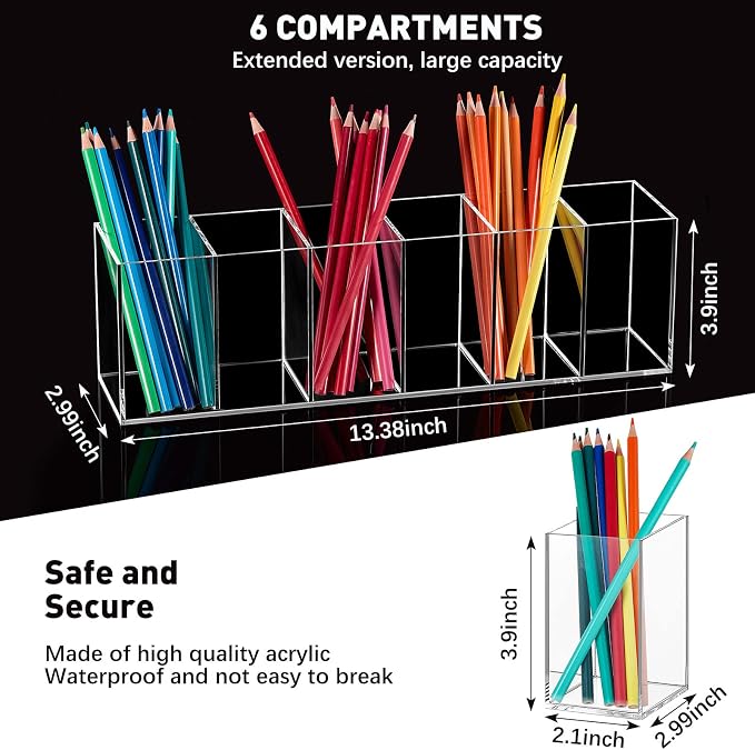 Jetec 6 Compartments Acrylic Pen Holder, Pencil Makeup Brush Holder(Clear) | Stationery Organizer Pencil Holder, Office Supplies, Clear, Acrylic, Desk Accessory Cosmetic Brush Countertop Desk Home