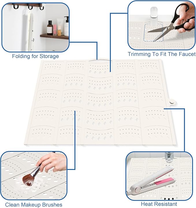 Mofason Bathroom Sink Top Cover Space Saver,Silicone Makeup Organizer Mat for Over Countertop,Small Bathroom Must Haves Accessories Rv Camper Travel Foldable Gadgets-Pearl