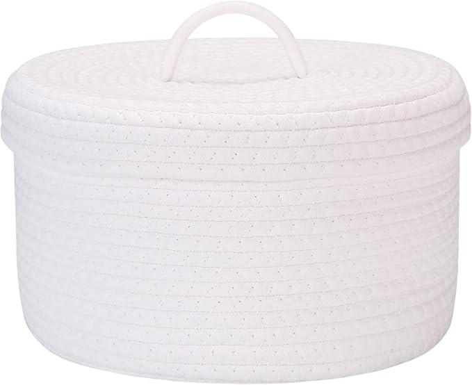 Sea Team Round Cotton Rope Storage Basket with Lid, Lidded Woven Storage Bin, Nursery Storage Container, Diaper Caddy, Baby Shower Basket, Box, Organizer, 11.8 x 11.8 x 6.7 Inches (Medium, White)