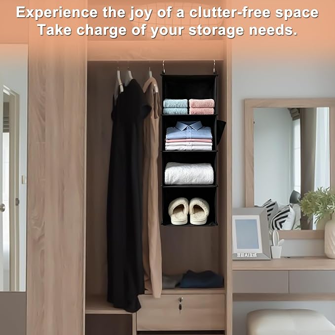 BOOMIBOO Hanging Closet Organizer and Shelves, 4 Shelves with 1 Side Pockets, Foldable, Grey Fabric, Modern Style, for Bedroom and Dorm Room (Grey)