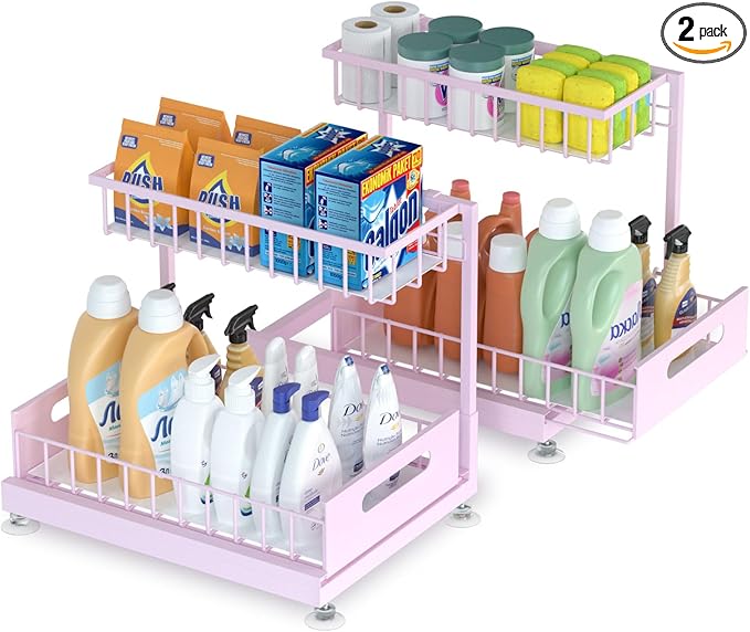 Saydear Under Sink Organizer Storage 2-Tier Premium Metal Pull-Out Kitchen Cabinet Organizer with Sliding Drawer, Height Adjustable, Heavy Duty for Kitchen & Bathroom Organizers 2 Pack Pink