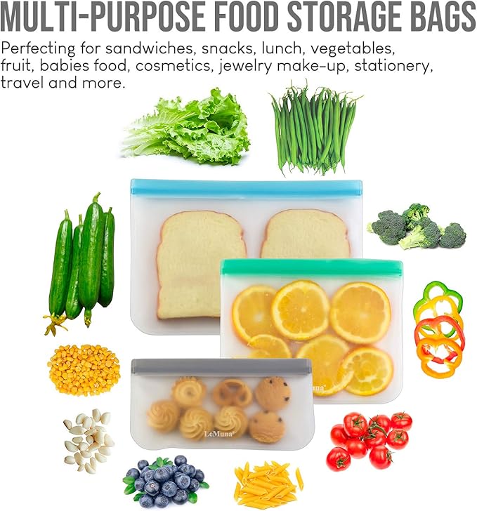 LeMuna 12 Pack Multi-Size Reusable Food Storage Bags - BPA-Free Leakproof Freezer Bags (4Gallon/4Sandwich/4Snack) | 12 Pack, Reusable, BPA-Free, Leakproof, Freezer, food-grade PEVA