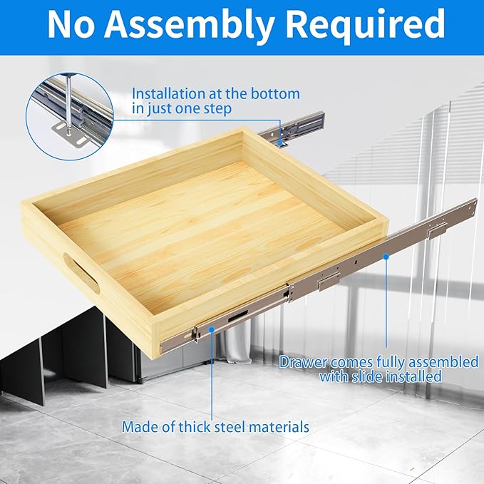 2 Set Pull Out Cabinet Organizer, Soft Close Slide Out Wood Drawer Storage Shelves for Kitchen, Base Cabinet Organization for Pantry, Finished, Heavy-Duty, Bottom Assembly (18” W x 21” D)