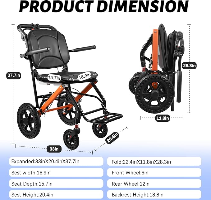 Wheelchairs for Adults,Transport Wheelchair Lightweight Foldable with Removable Cushion，Ergonimic Travel Wheelchair with Rotate Handle，Gift for Grandma