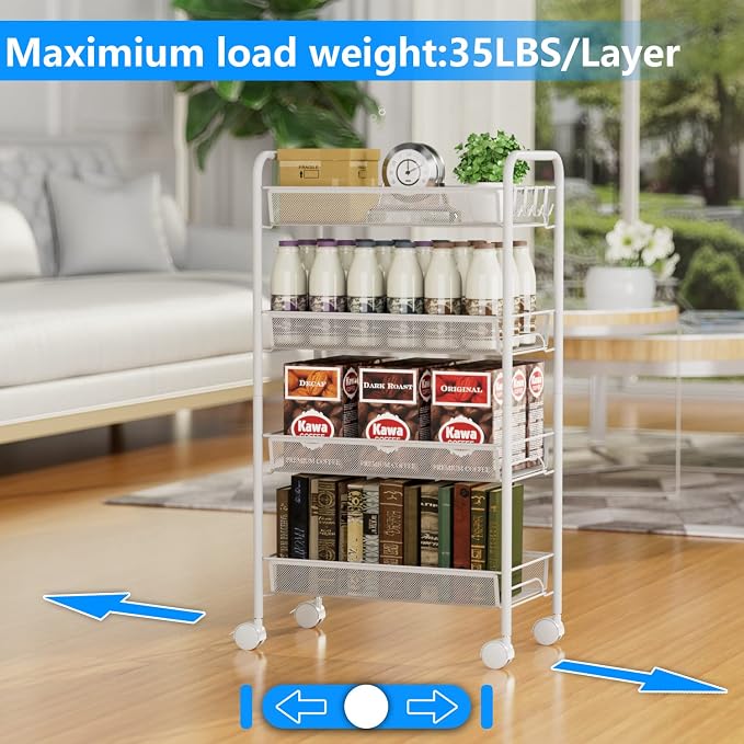 4-Tier Mesh Rolling Cart - 35 BLS/Tier Full Metal Cart with Wheel & 4 Hooks | Space-Saving 140bls Capacity Storage Organizer Crafts Utility Cart for Kitchen Pantry Office Bathroom Laundry Nursery, White
