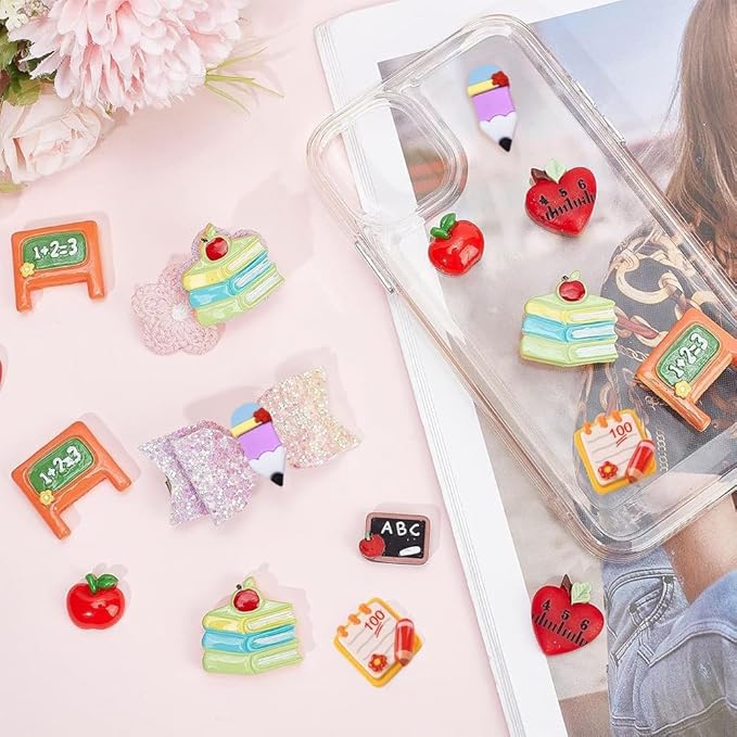 SUNNYCLUE 1 Box 32Pcs Teacher Charms Flatback School Resin Cabochons Best Teacher Student Red Apple Cabochon Pencil Notebook Heart Flatbacks for Jewelry Making Scrapbooking Embellishments Hair Clips