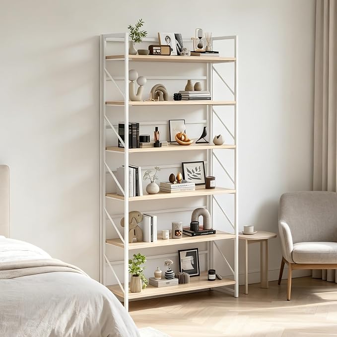 JSB 6 Tier No Assembly Folding Bookshelf, 30.7" Wide Foldable Storage Bookcase for Home Office, Space-Saving Storage Shelf for Living Room (White)
