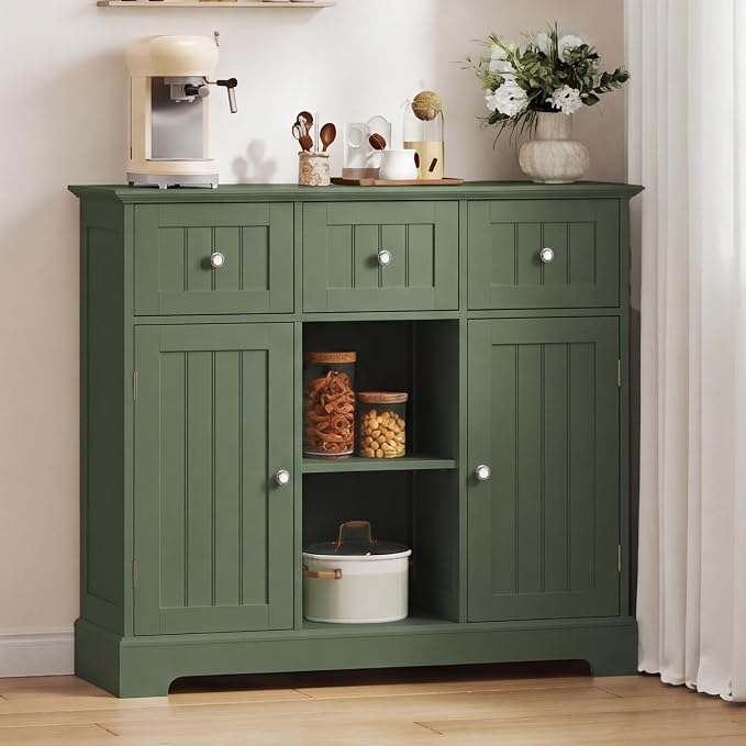 ChooChoo 35.4" Coffee Bar Cabinet with 3 Drawers and 2 Doors, Green | Buffet Cabinet with Adjustable Shelves, Storage Cabinet for Compact Kitchens, Dining rooms and Living rooms