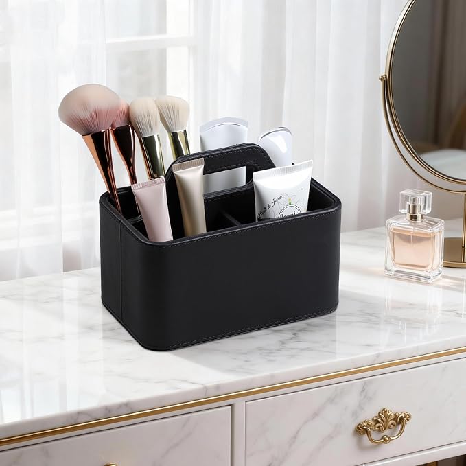 PU Leather Remote Control Holder, Desk Caddy Organizer with Handle Beige | 3 Compartments Portable Remote Organizer, Remote Caddy Bedside Holder for Office Storage Supply Organizer