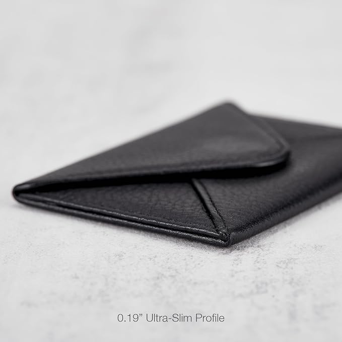 HISCOW Italian Pebbled Leather Business Card Holder, Minimalist Full Grain Envelope Card Case with Hidden Magnetic Closure, 0.19 Inch Slim Front Pocket Wallet for Men and Women, Nero Black