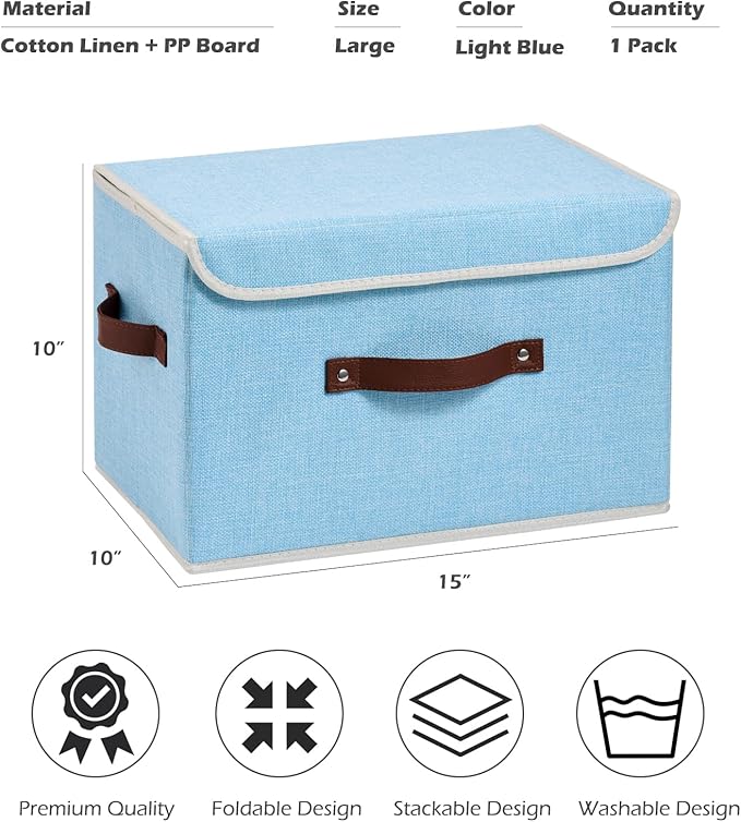 Storage Boxes with Lid Cotton Linen Fabric Storage Bins Organizer Container Decorative Collapsible Washable Shelf Baskets Faux Leather Handles for Home Bedroom Closet (Light Blue, Large)