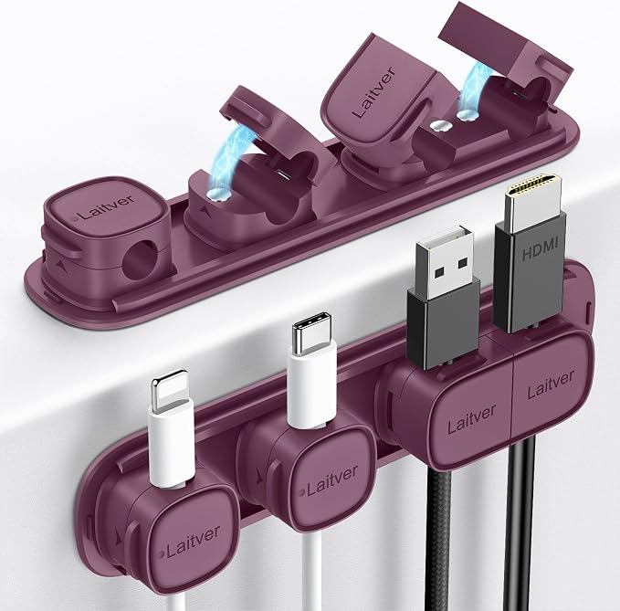 6 Pack Magnetic Cable Clips [1s Open/Lock], Cord Organizer Holder | Strong Adhesive Desk Cable Management- Organize Charging Cords Neatly for Home, Office, Car,Desk, Nightstand-Dark Purple