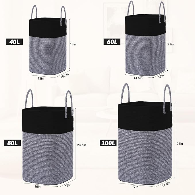 Laundry Basket,Woven Cotton Rope Laundry Hamper,Versatile Storage for Dirty Clothes,Baby Toys,and Blankets in Bathroom, Nursery,and Living Room (Black, 60L)