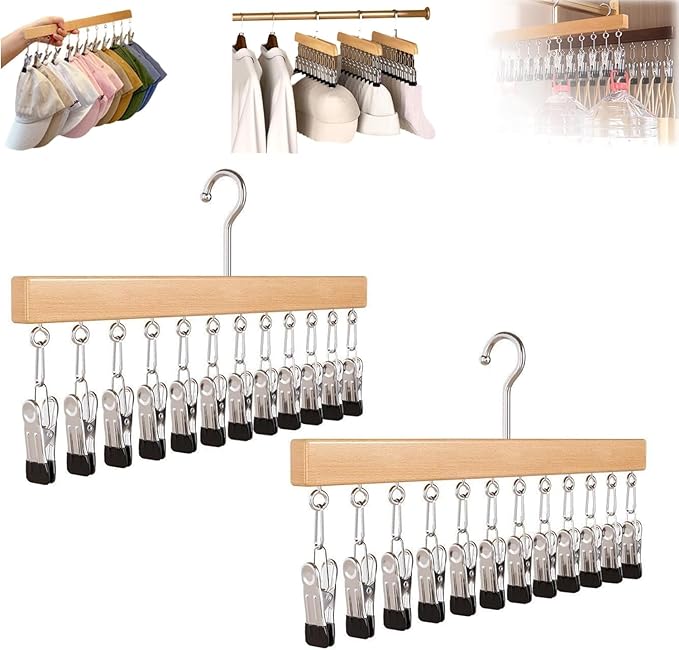 Wooden Closet Organizer Hanger with 12 Clips, Space Saving Hanging Organizer for Hats Scarves Jeans Skirts Socks Pants, 15 Inch, 360° Swivel Hook (2PcsWood Colour)