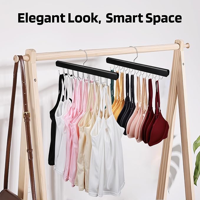 NECAMOCU 2 Pack Bra Hanger for Closet Organizer, Premium Tank Top Hangers | Black Wooden Bra Holder with 36 Foldable Hooks, 360° Rotating Design, Space Saving Storage for Tank Tops, Bras, Belts