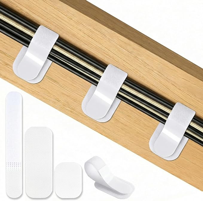 Cable Management Under Desk,Detachable Cable Management,Adjustable Hook and Loop Cable Ties,Reusable Cable Management Under Desk,Cable Clips Under Desk,20Pack(White)