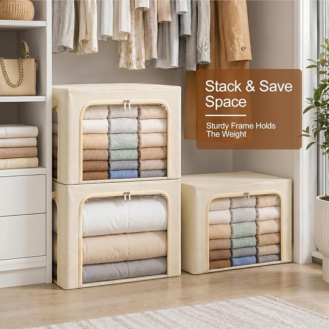 GoMaihe 3 Opening Clothes Storage Bins with Metal Frame, 66L Blanket Storage Organizer for Walk-in Closet Large Storage Boxes with Clear Window for Bedding Winter Clothing 3-Pack Beige