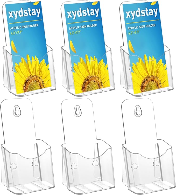 xydstay Acrylic Brochure Holder 4 Inches Slant Back Design, Clear Display Stand, Plastic Table Stand Sign Holder,Pamphlet Holder Flyer Holder, Acrylic Display Stand, 6 Pack