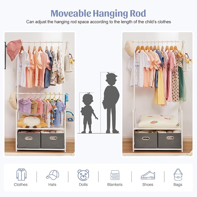 Bamboo Kids Clothing Rack: Holds Up To 121 Lbs of Dress-Up Clothes | 2 Adjustable Hanging Rods & 2 Storage Baskets With Shelf. Child Garment Holder for Playroom & Toddler Bedroom (White)