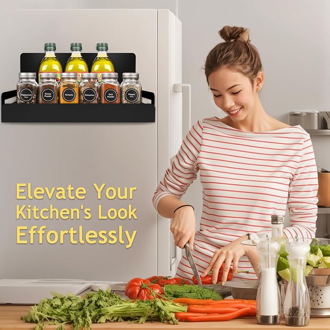 2-Pack Magnetic Spice Rack for Refrigerator, Black | Heavy-Duty 20LB Capacity, Strong Magnetic Shelves, For Classroom Whiteboards and Garage Tools, Kitchen Organizer for Utensils