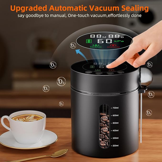 Automatic Vacuum Coffee Canister, 0.8L Coffee Container with Smart Pressure Sensor,LED Display,Window,Scoop Rechargeable Airtight Electric Coffee Bean Storage for Home Kitchen Ground Food Tea Storage
