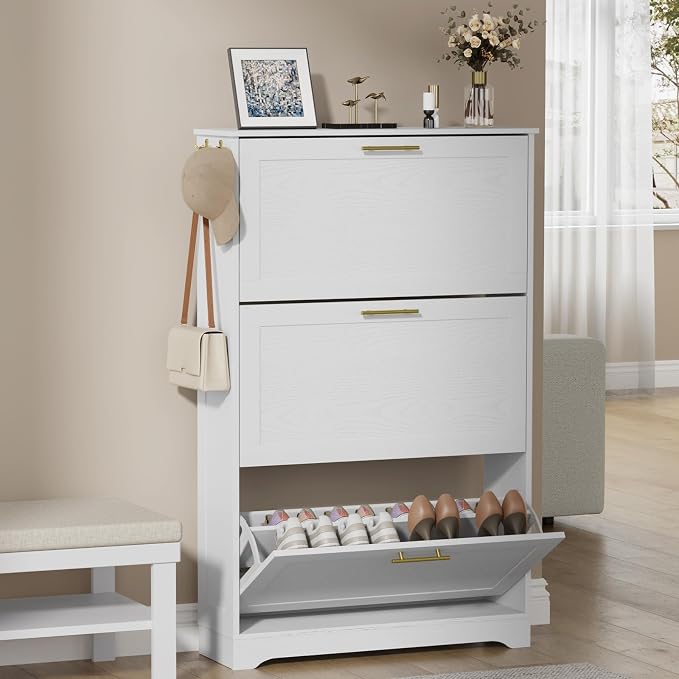Shoe Cabinet Organizer with 3 Flip Drawers, Modern Narrow Shoe Cabinet with Metal Handles, Freestanding entryway Organizer with 2 Adjustable Shelves & 2 Hooks, for Foyer, Hallway, White