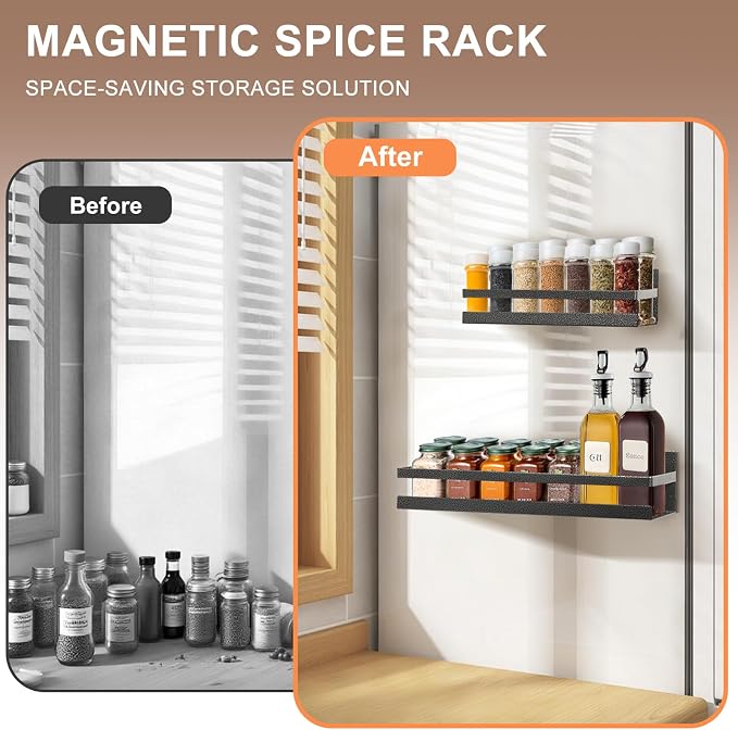 Uten Magnetic Spice Rack for Refrigerator 2 Pack, Spice Organizer Kitchen | Strong Metal Magnetic Shelf, Capacity of up to 23lbs,16"*4.5" and 12"*4", Scratch-resistant, Muti- Use, Gray