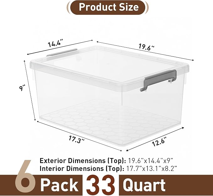 Citylife 33 Qt Ultra-Thick (3.82mm) Clear Plastic Storage Bins with Lids, 6-Pack Stackable Straight-Wall Closet Organizers with Honeycomb Base & Pinch-Free Latches for Garage, Clothes & Holiday Decor