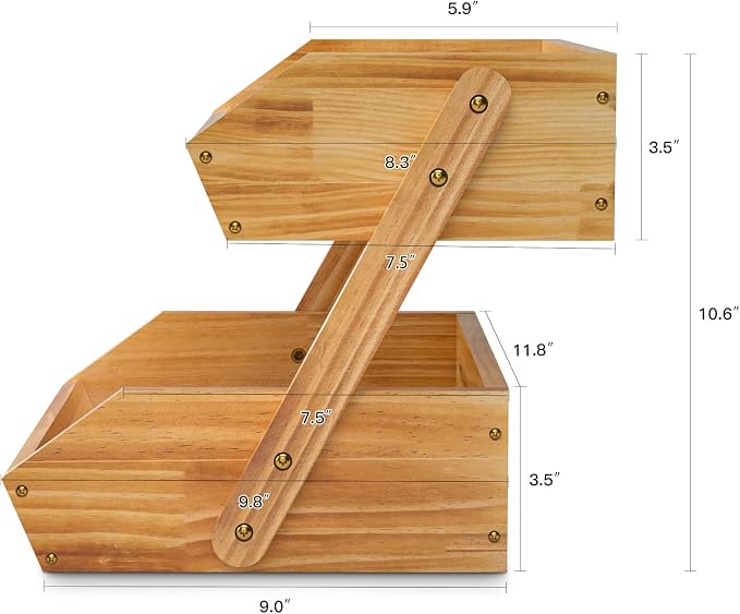 G.a HOMEFAVOR 2-Tier Pine Wood Fruit Basket, Self-assembly | Fruit Bowl for Kitchen Countertop, Vegetable Storage and Home Organizer