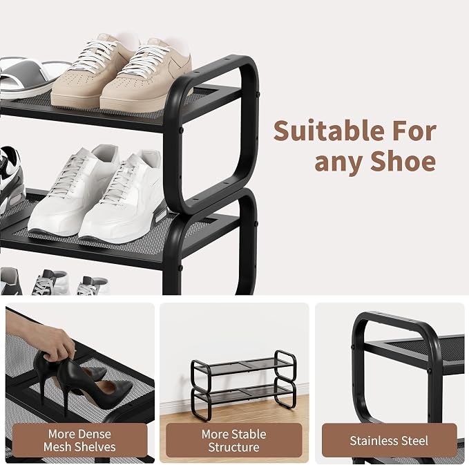 2 Tier Shoe Rack - Expandable Shoe Organizer for Closet, Adjustable Metal Shoe Shelf Storage, Stackable Long Shoe Stand Holder for Garage, Entryway, Door Entrance