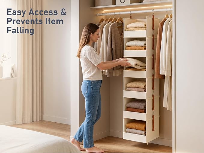 DIMJ Hanging Closet Organizer - 5-Tier Modular Hanging Shelves with Zippers Hooks, Collapsible Baskets for RV, Dorm, Small Spaces, Fabric Storage Bins for Clothes, Handbags