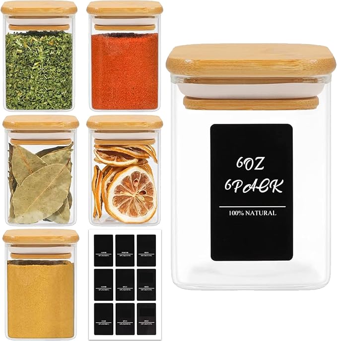 ComSaf Glass Spice Jars with Labels 6 oz 6 Pack Small Square Bamboo Lids | Empty Containers, Seasoning Herbs Powders, Salt Pepper Chili, Kitchen Cabinet Storage Starter Set, Dry Goods