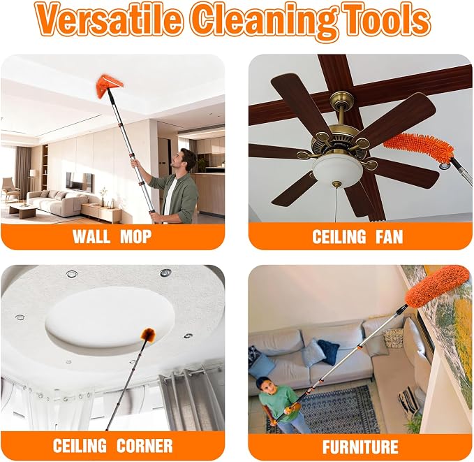 LAANPOLE 36FT Reach Dusters for Cleaning, Ceiling Fan Cleaner Duster with Extension Pole, Wall and Baseboard Cleaner Mop with Handle for Window Cobweb Fan Blade and High Ceiling
