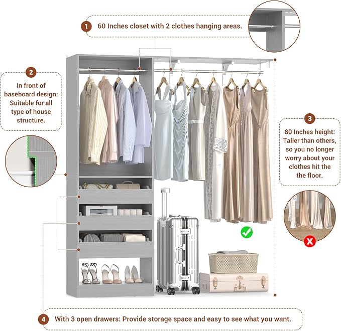 5FT Closet System with 3 Half-Open Wooden Drawers, 60'' Closet Organizer System with 2 Reversible Hanging Rods and Big Wing Shelf, 80" Tall Wall Mounted Wardrobe for Walk-in Closets, Grey