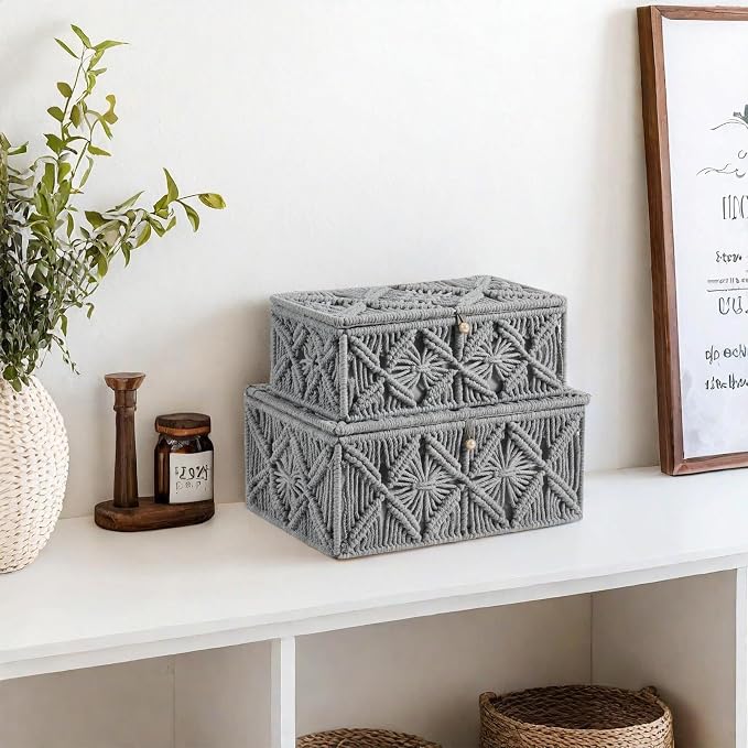 Decorative Boho Storage Baskets with Lid Bohemian Macrame Jewelry Box Handmade Natural Cotton Rope Woven Bins Memory Keepsake Photo Makeup Organizer Shelf Container (Gray, Small)