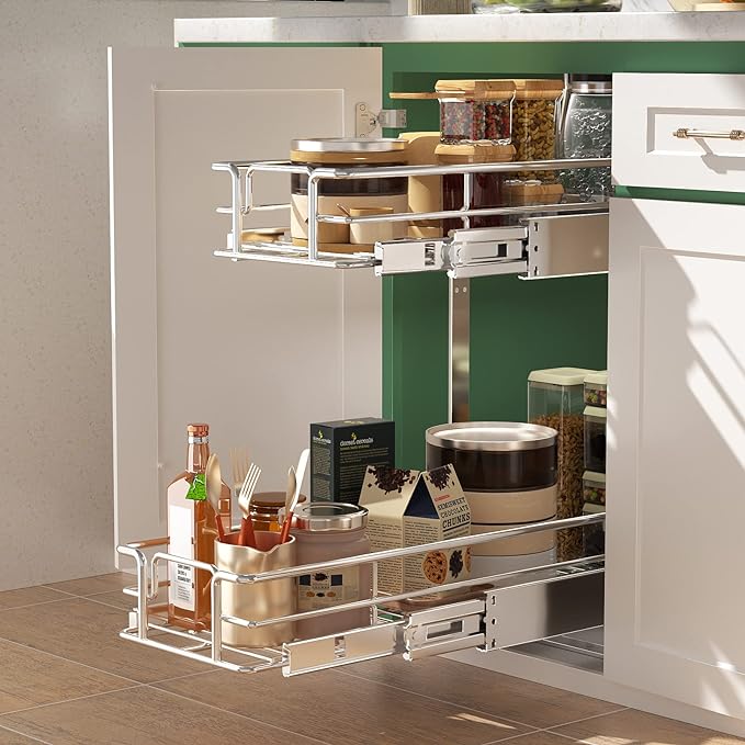 LOVMOR 2 Tier Individual Pull Out Cabinet Organizer 7.5" W x 21.5" D, Slide Out Kitchen Cabinet Storage Sliding Shelves