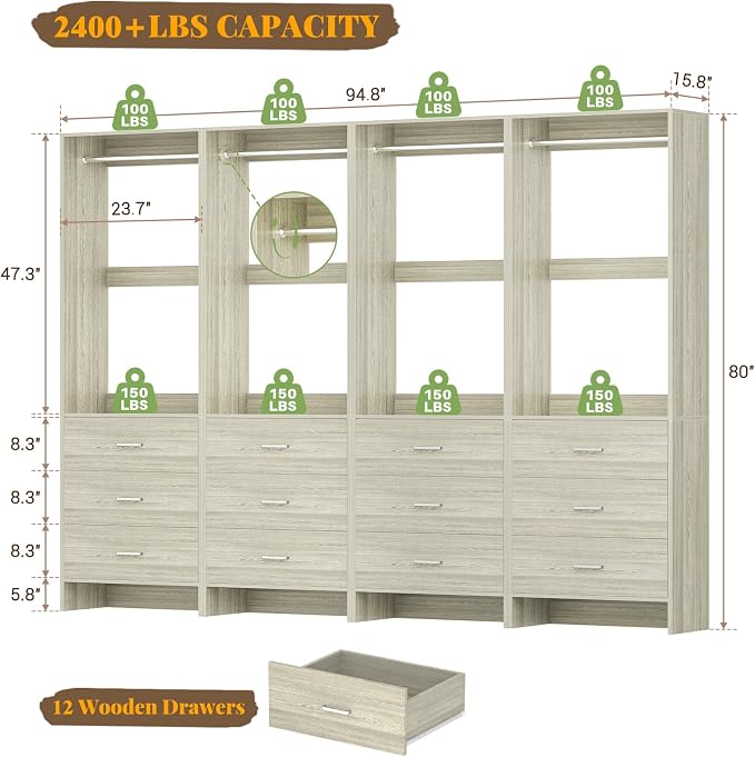 Aheaplus Closet System Closet Organizer, Wood Closet Organizer System, Walk-in Closet or Small Closets Wardrobe, Clothes Rack with Hanging Rods, 8FT Closets, Set of 4, -D1, White Oak