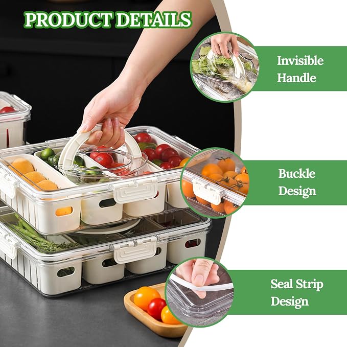 Salad Bar Containers for Fridge with Lid Handle, Fruit Storage Veggie Tray | Salad Prep Container with 4 Removable Strainers, Berry Box Fresh Produce Saver Lettuce Keeper for Refrigerator Kitchen Picnic