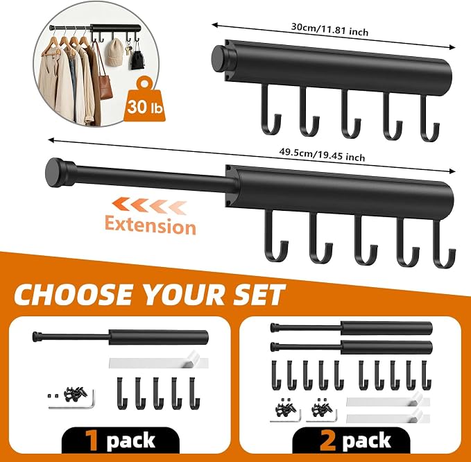 12 Inch Valet Rod for Closet Pull Out Heavy Duty Retractable Slide Out Closet Rod with 5 Hooks Space Saving Telescoping Clothes Hanger for Suits Laundry Room Wardrobe Black 1 Pack